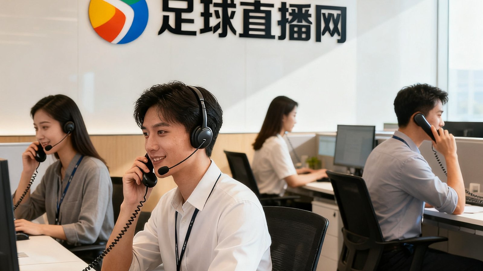 客户成功团队在明亮的办公室内接听用户来电，背后是足球直播网的logo墙